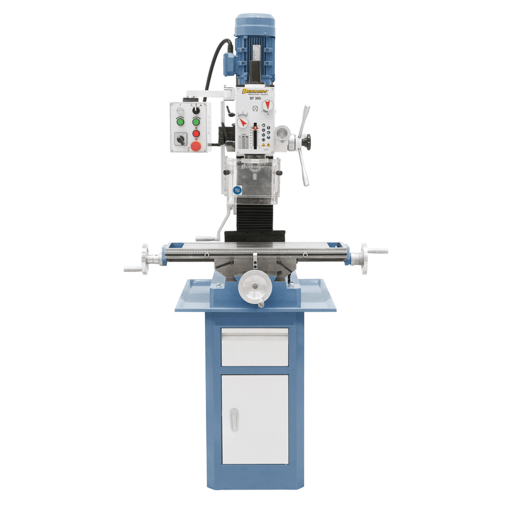 Trapano-fresatrice Bernardo BF 30 G con tavola a croce in ghisa 700 x 190 mm, testa inclinabile ±45°, 12 velocità e rotazione destra/sinistra per filettatura.