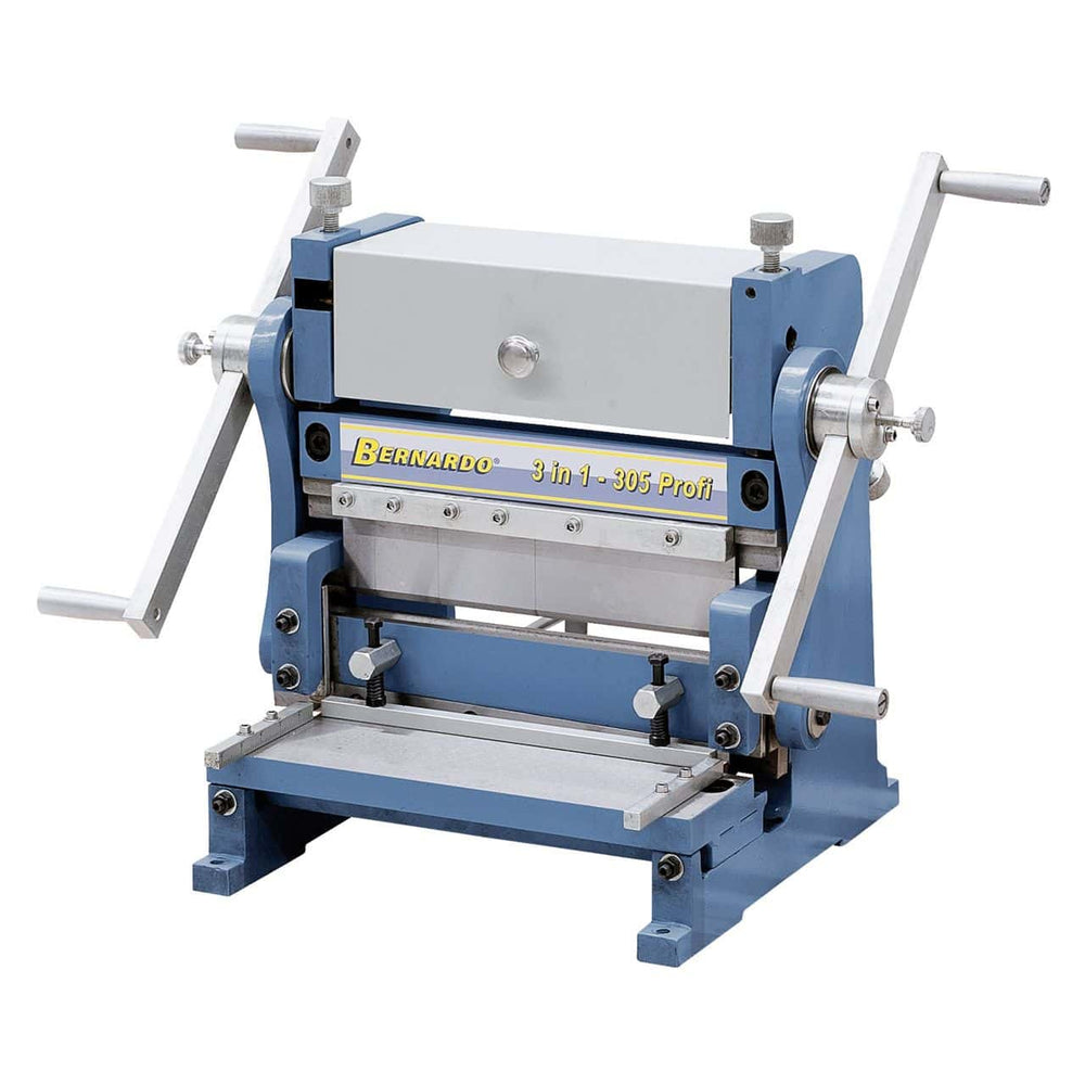 Macchina Bernardo 305 Profi 3 in 1 per taglio, piegatura e calandratura, con segmenti intercambiabili e barra di taglio rettificata.