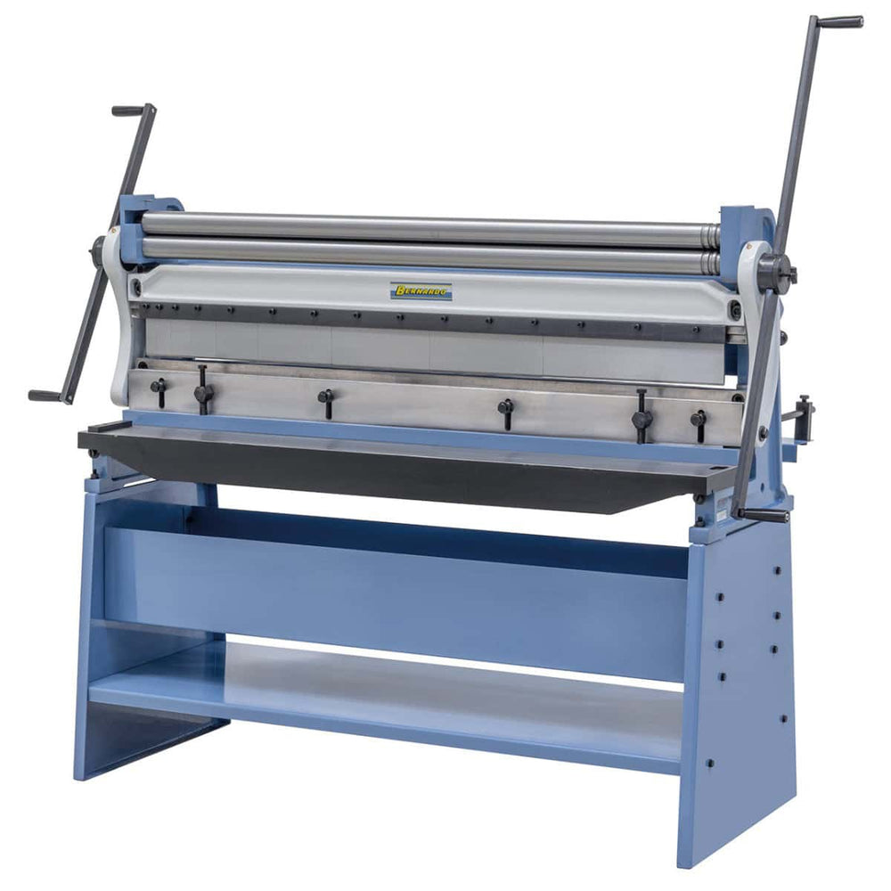 Macchina Bernardo 3 in 1 con cesoia, piegatrice e calandra integrata, larghezza di lavoro 1315 mm, struttura robusta e compatta.