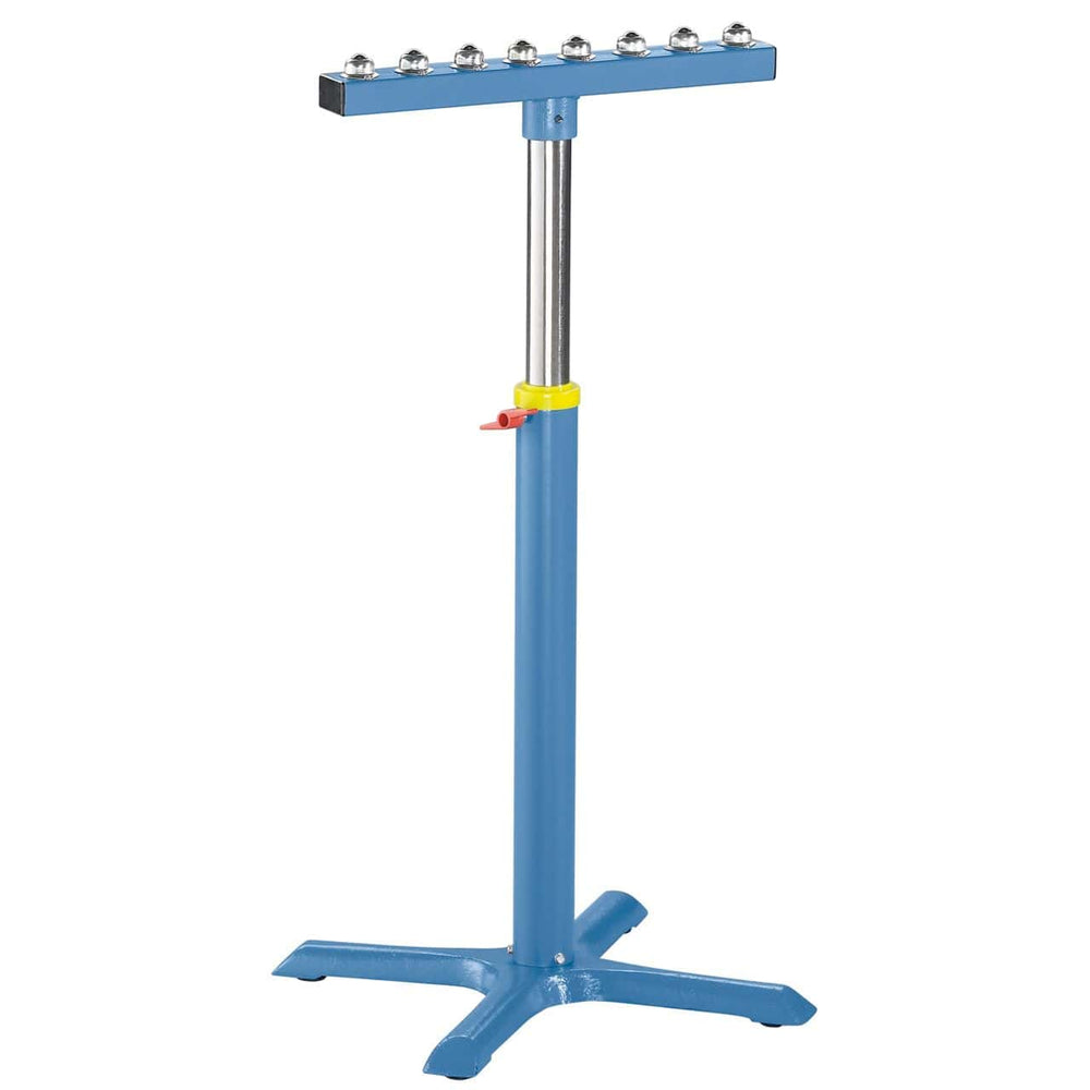 Il cavalletto a rullo Bernardo KRS con 8 rulli sferici cromati, altezza regolabile e capacità fino a 90 kg, ideale come supporto universale per pezzi lunghi e pesanti.