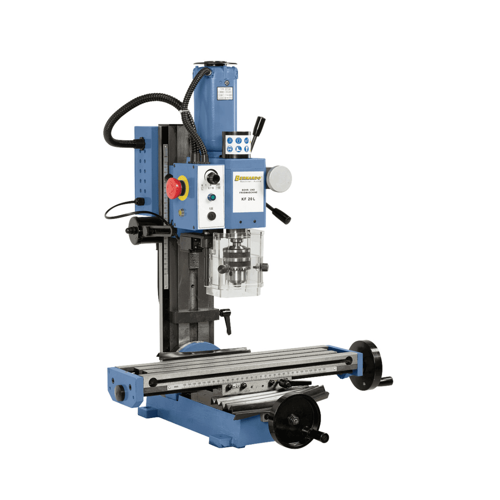 Trapano-fresatrice Bernardo KF 20 L con motore 230 V, testa inclinabile ±45°, tavola crociata con cave a T e regolazione continua della velocità.