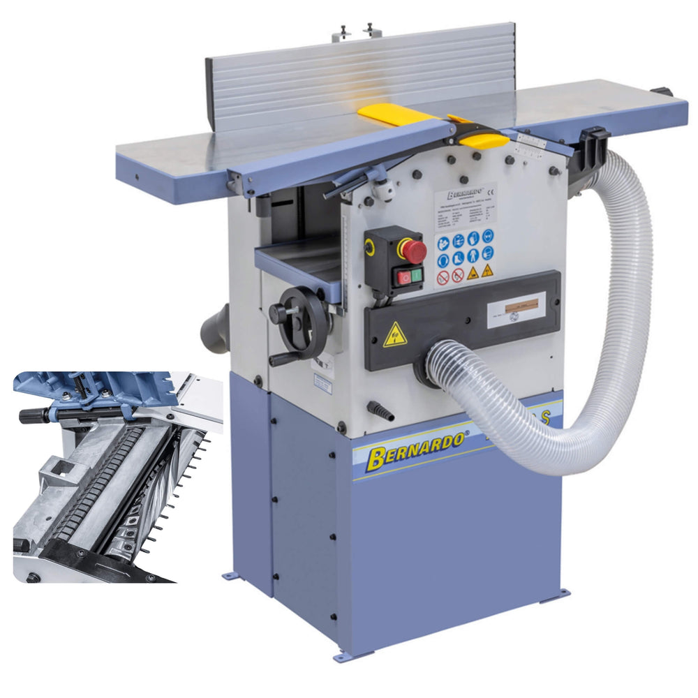Pialla filo e spessore Bernardo PT 260 S con albero elicoidale e 24 inserti TCT, precisa e silenziosa, completa di aspiratore integrato.