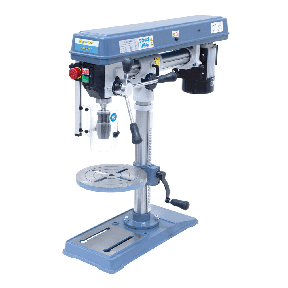 Trapano da banco Bernardo RBM 780 T con capacità di foratura 16 mm, testa inclinabile -90°/+45°, mandrino autoserrante e base stabile in ghisa.
