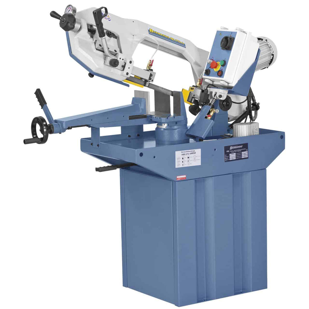 Sega a nastro orizzontale Bernardo HBS 275 Vario con telaio in ghisa, velocità regolabile 20–90 m/min e morsa rapida.