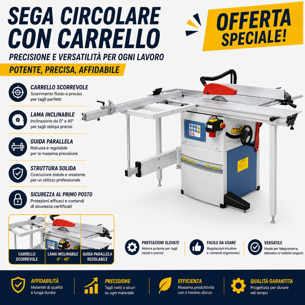 Squadratrice Bernardo FKS 1600 N, ideale per tagli precisi su pannelli e lavorazioni di falegnameria con elevata stabilità e scorrimento fluido del carro.