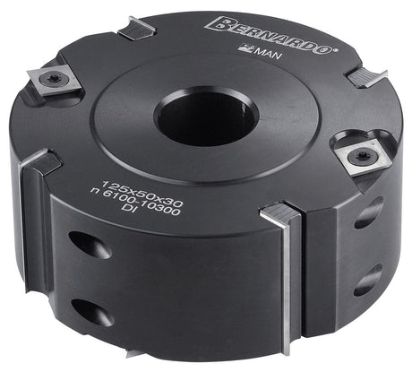 Bernardo testa per battuta Ø125 mm con 4 taglienti e 4 controtaglienti, altezza 50 mm e foro 30 mm, dotata di coltelli reversibili HW per fresatura precisa di legno e pannelli.