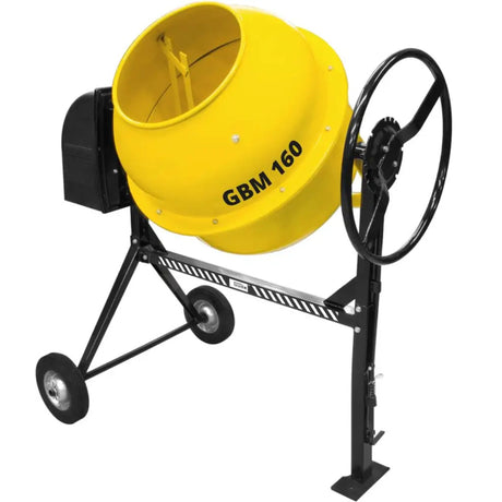 Betoniera Güde GBM 160 capacità 160 litri per miscelazione malte e impasti di volumi medi-grandi. Motore elettrico 800W 230V, tamburo rotante 29,5 giri/min con 14 posizioni arresto, ruote 250 mm per trasporto agile su terreni irregolari. Costruzione robusta acciaio con zahnkranz ghisa, protezione IP 44. Cantiere edilizia, costruzione, bricolage professionale.