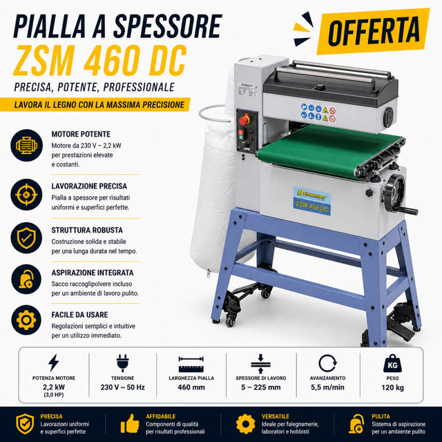 Calibratrice Bernardo ZSM 460 DC alimentazione 230V con larghezza di lavoro 460 mm e sistema di aspirazione integrato, ideale per levigatura precisa e finitura uniforme del legno.