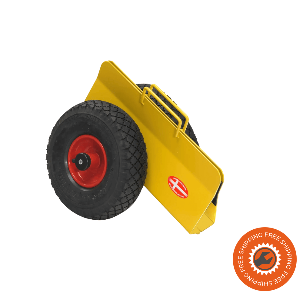 Carrellino porta lastre Ravendo TW 200 L in acciaio giallo con morsetto regolabile 0–70 mm e ruote pneumatiche Ø3.00 x 4/4, ideale per porte, pannelli e lastre fino a 200 kg.