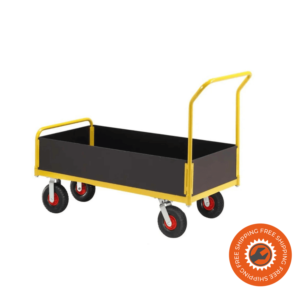 Carrello Ravendo TW 1000 L-LWS in acciaio giallo con sponde basse in legno e ruote pneumatiche Ø3.00 x 4, ideale per il trasporto di materiali fino a 400 kg.
