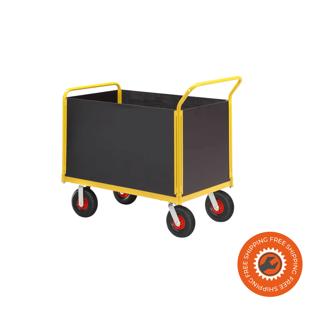 Carrello Ravendo TW 750 L-HWS in acciaio giallo con sponde alte in legno e ruote pneumatiche Ø3.00 x 4, ideale per trasporti di materiali fino a 400 kg in magazzini e officine.
