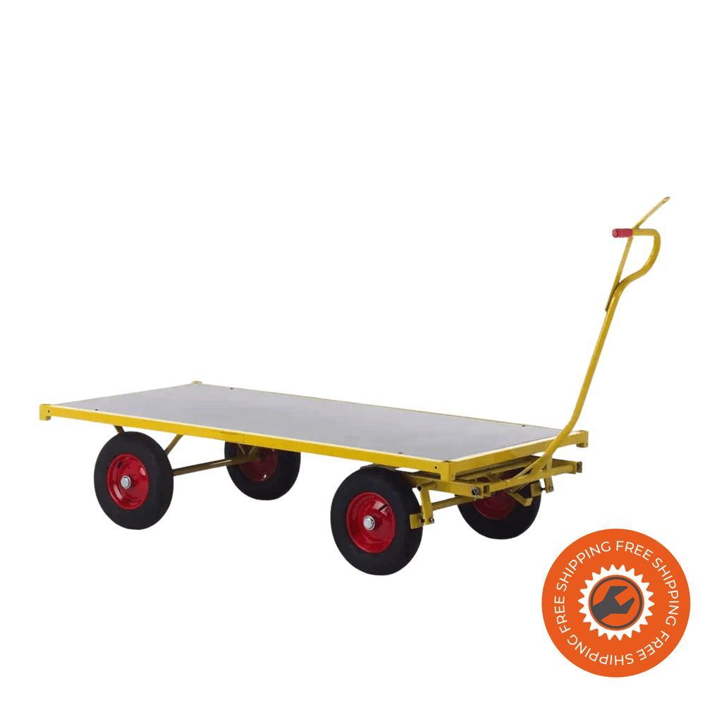 Carrello Ravendo TW 2000 M in acciaio giallo con piano in legno e ruote solide, ideale per trasporti industriali fino a 1200 kg in magazzini e officine.
