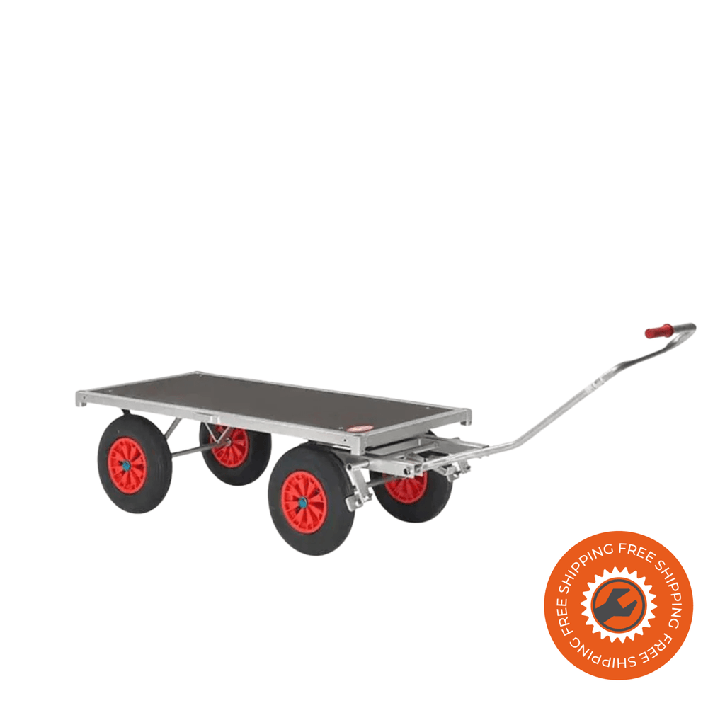 Carrello Ravendo TW MINI in acciaio argentato, con ruote pneumatiche e timone di traino, progettato per trasportare fino a 750 kg di carico in magazzini e cantieri.
