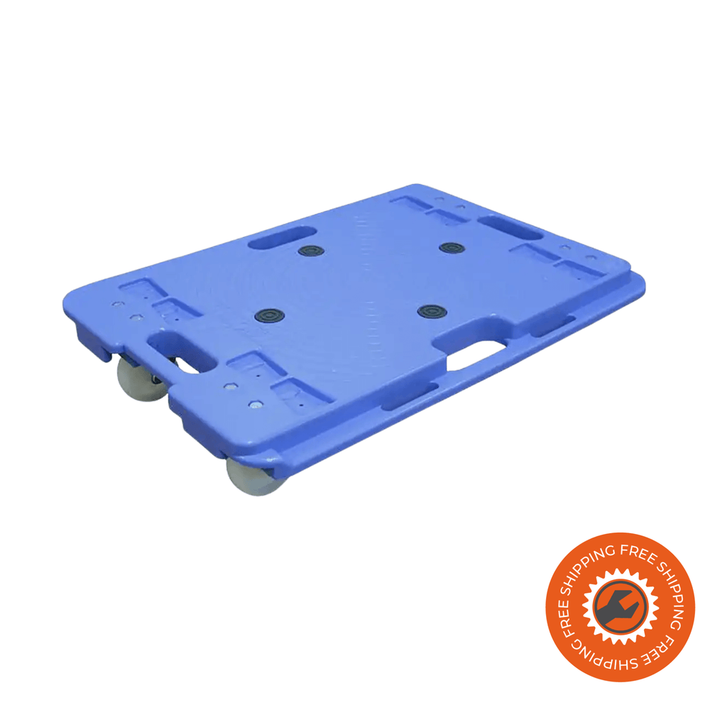 Carrello pianale Ravendo PD 150 in plastica blu con tappetini antiscivolo, maniglie integrate e ruote solide Ø75 mm, ideale per carichi fino a 150 kg.