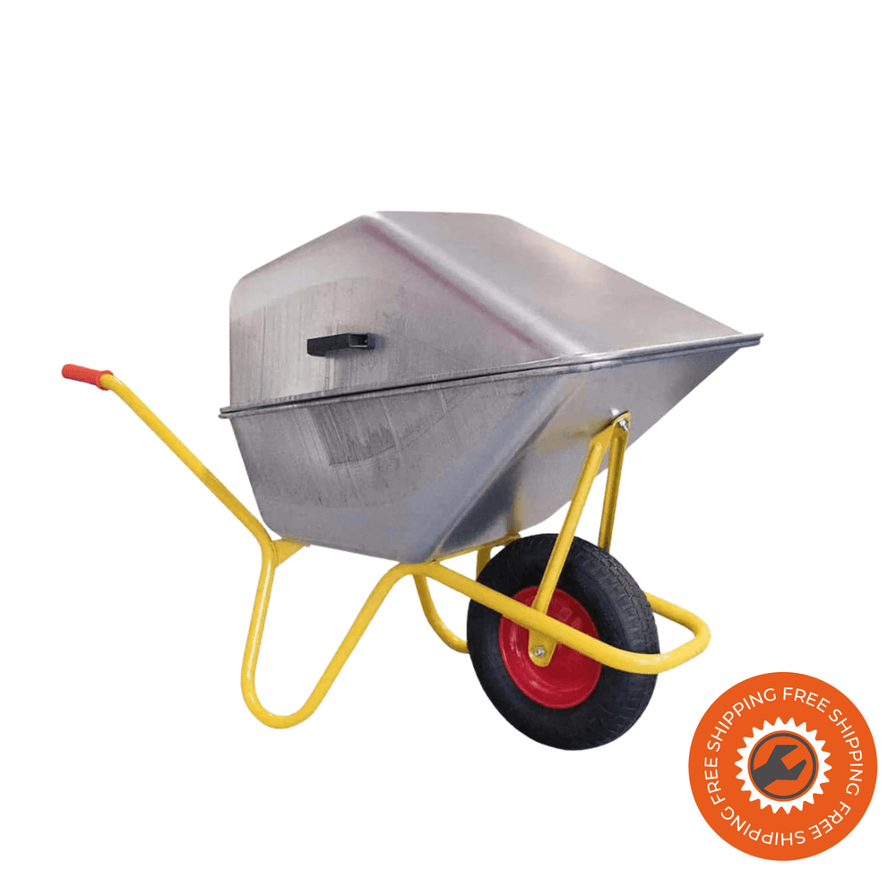 Carriola Ravendo BC 1100 LID da 110 litri con coperchio integrato e ruote pneumatiche, robusta e pratica per professionisti ed edilizia.
