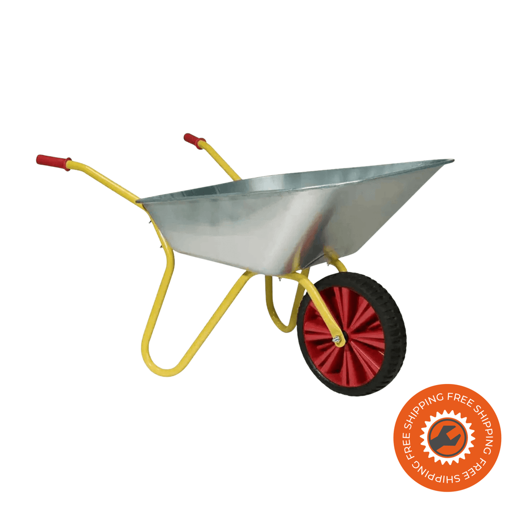 Carriola Ravendo BD 1002 FLEX con vasca da 100 litri e ruota FlexLite con cuscinetti a sfera, ideale per giardinaggio e lavori pesanti.
