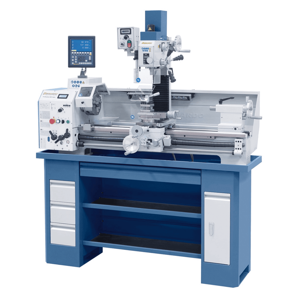 Centro di lavoro combinato tornio-fresatrice Bernardo Proficenter 900 Vario / 230 V con DRO 2 assi ES-12 V e dotazione completa di accessori.