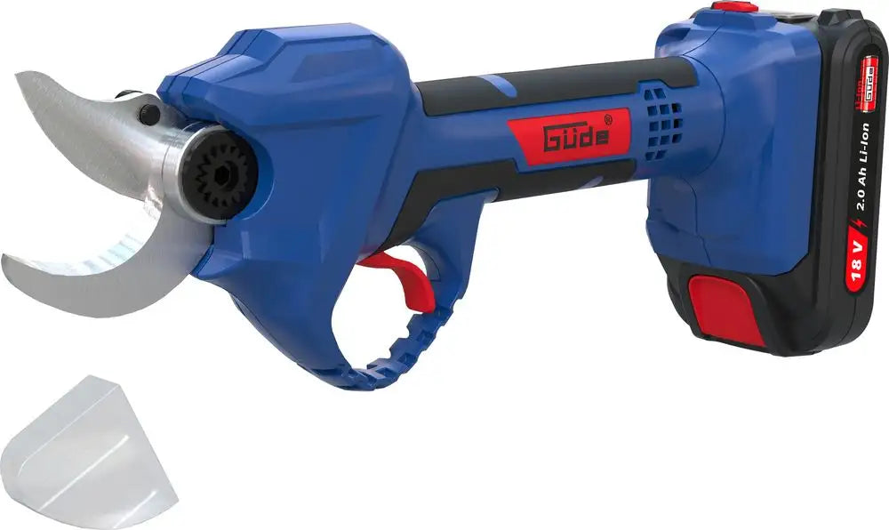 Cesoie da potatura Guede ASC 18-201-05 K con lame bypass in acciaio, motore brushless e impugnatura ergonomica soft grip, fornite con batteria e valigetta rigida.