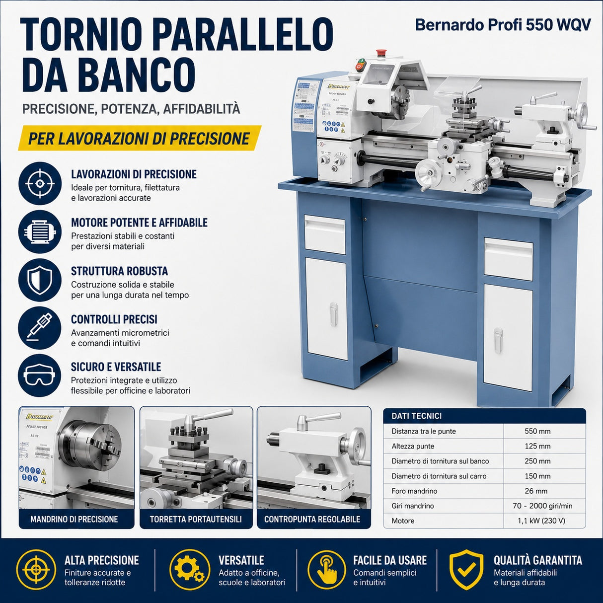 Tour à métaux Bernardo Profi 550 WQ – entre-pointes 550 mm, Ø 250 mm sur le banc, alésage de broche Ø 26 mm cône CM 4, moteur 0.75 kW 230V monophasé, poids 120 kg