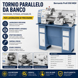 Tour à métaux Bernardo Profi 550 WQ – entre-pointes 550 mm, Ø 250 mm sur le banc, alésage de broche Ø 26 mm cône CM 4, moteur 0.75 kW 230V monophasé, poids 120 kg