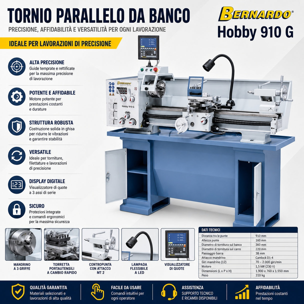 Tour à métaux Bernardo Hobby 910 G 230V / 400V avec afficheur numérique 3 axes ES-12 V