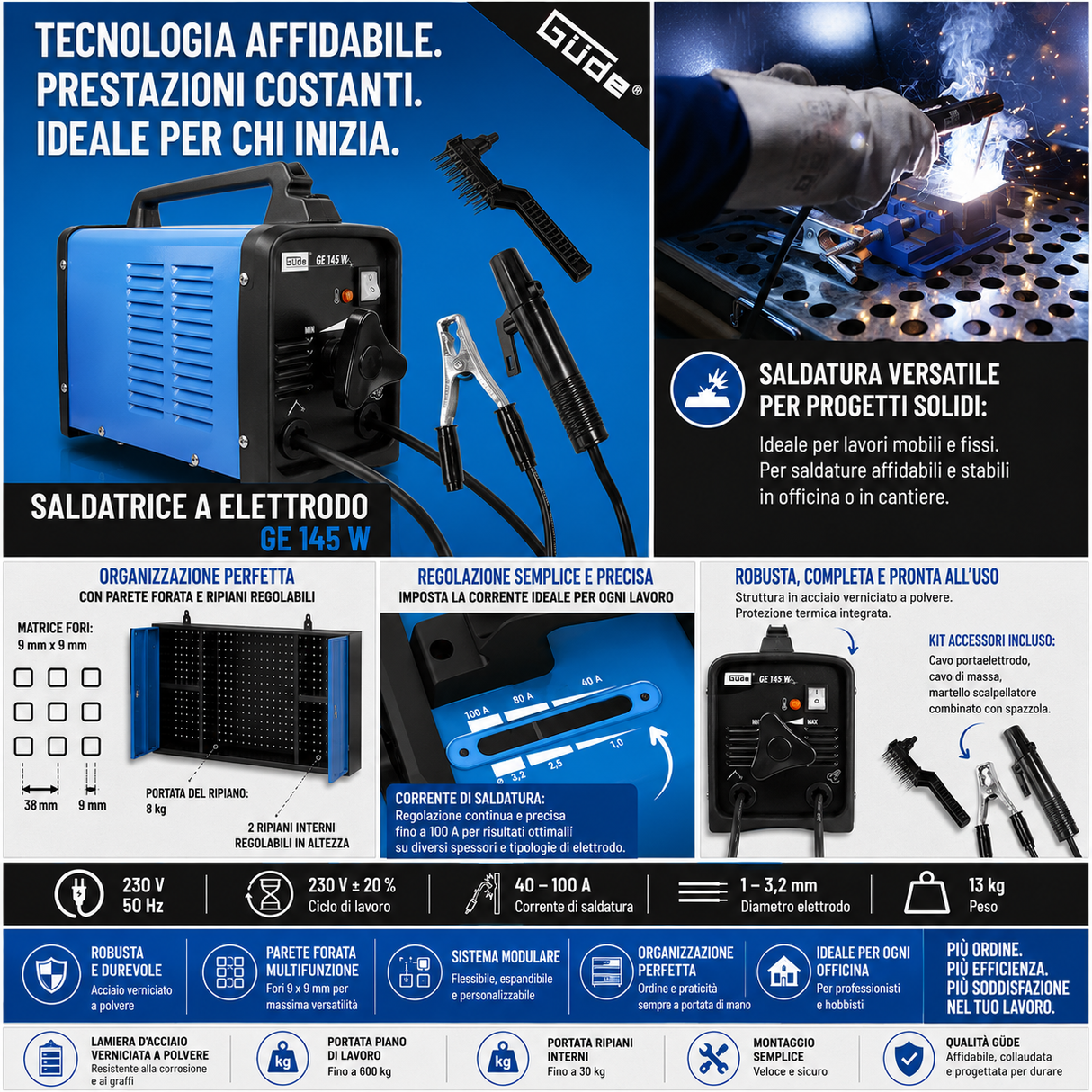 Poste à souder à électrode Güde GE 145 W – inverter MMA portable jusqu’à 100 A