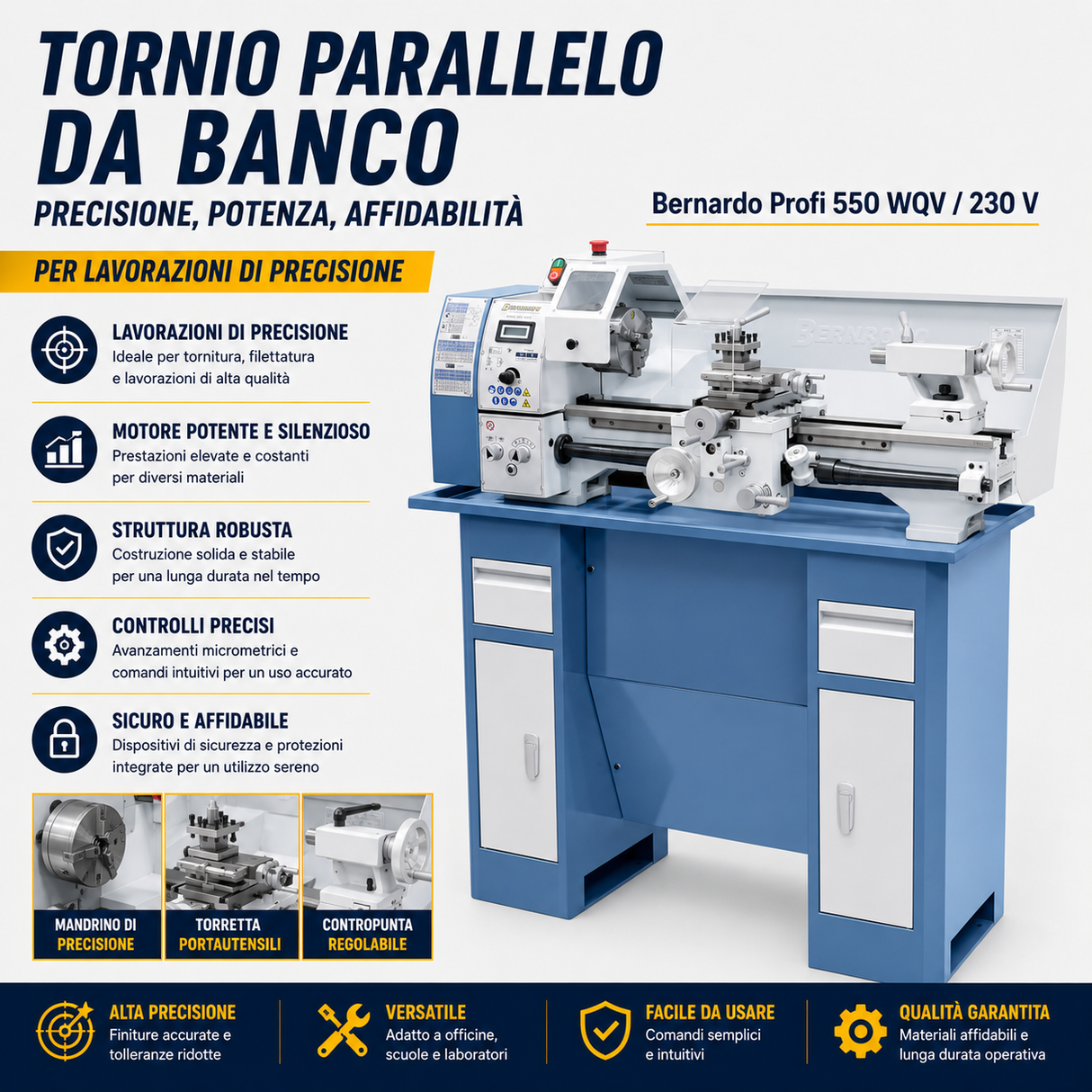 Tour à métaux Bernardo Profi 550 WQV – distance entre-pointes 550 mm, Ø 250 mm sur le banc, alésage de broche Ø 26 mm cône CM 4, moteur 0.75 kW 230V monophasé, affichage numérique de la vitesse, poids 120 kg