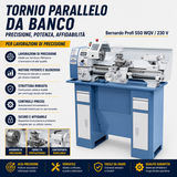 Tour à métaux Bernardo Profi 550 WQV – distance entre-pointes 550 mm, Ø 250 mm sur le banc, alésage de broche Ø 26 mm cône CM 4, moteur 0.75 kW 230V monophasé, affichage numérique de la vitesse, poids 120 kg