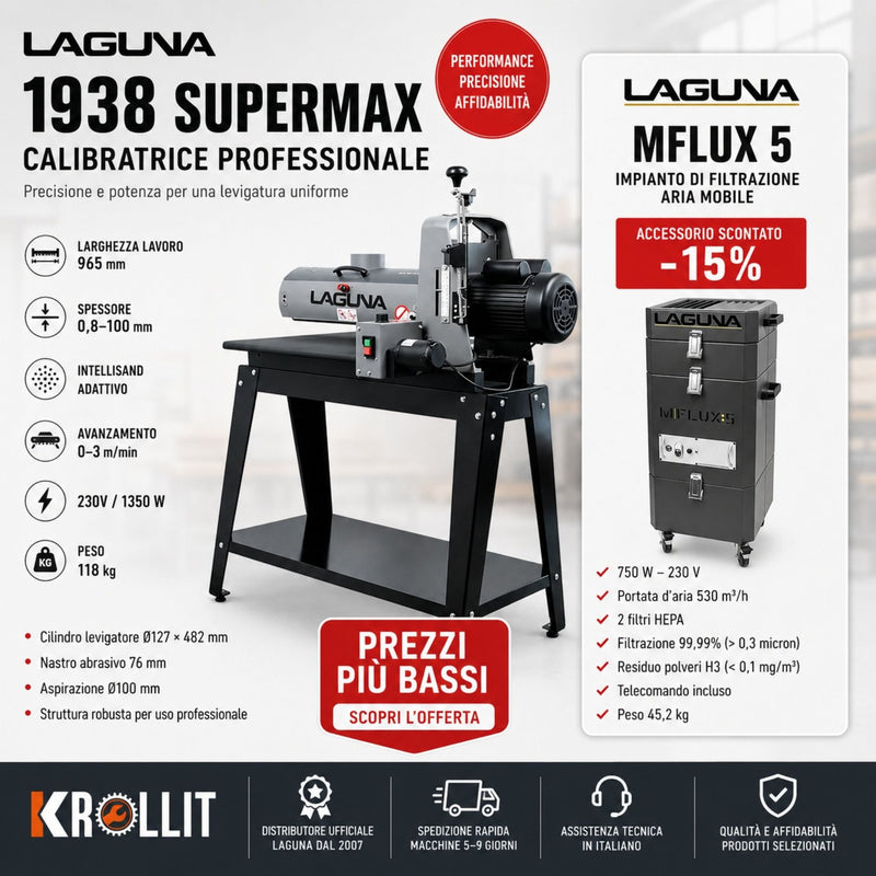 Combo calibreuse Laguna 1938 SuperMax + Aspirateur à copeaux Laguna MFlux 5