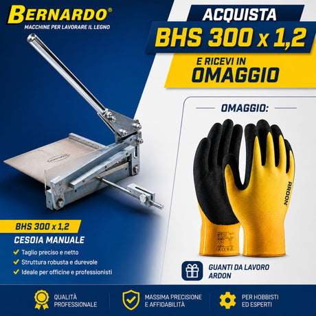 Cesoia manuale Bernardo BHS 300 x 1,2 in combo con guanti inclusi, ideale per il taglio preciso di lamiera sottile e lavorazioni di officina.