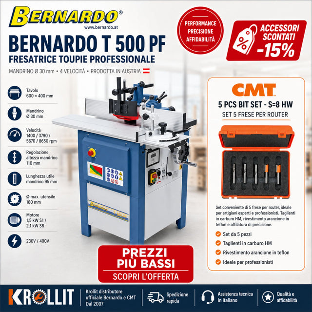 Fresatrice Bernardo T 500 PF vista frontale tavolo 600×400 mm