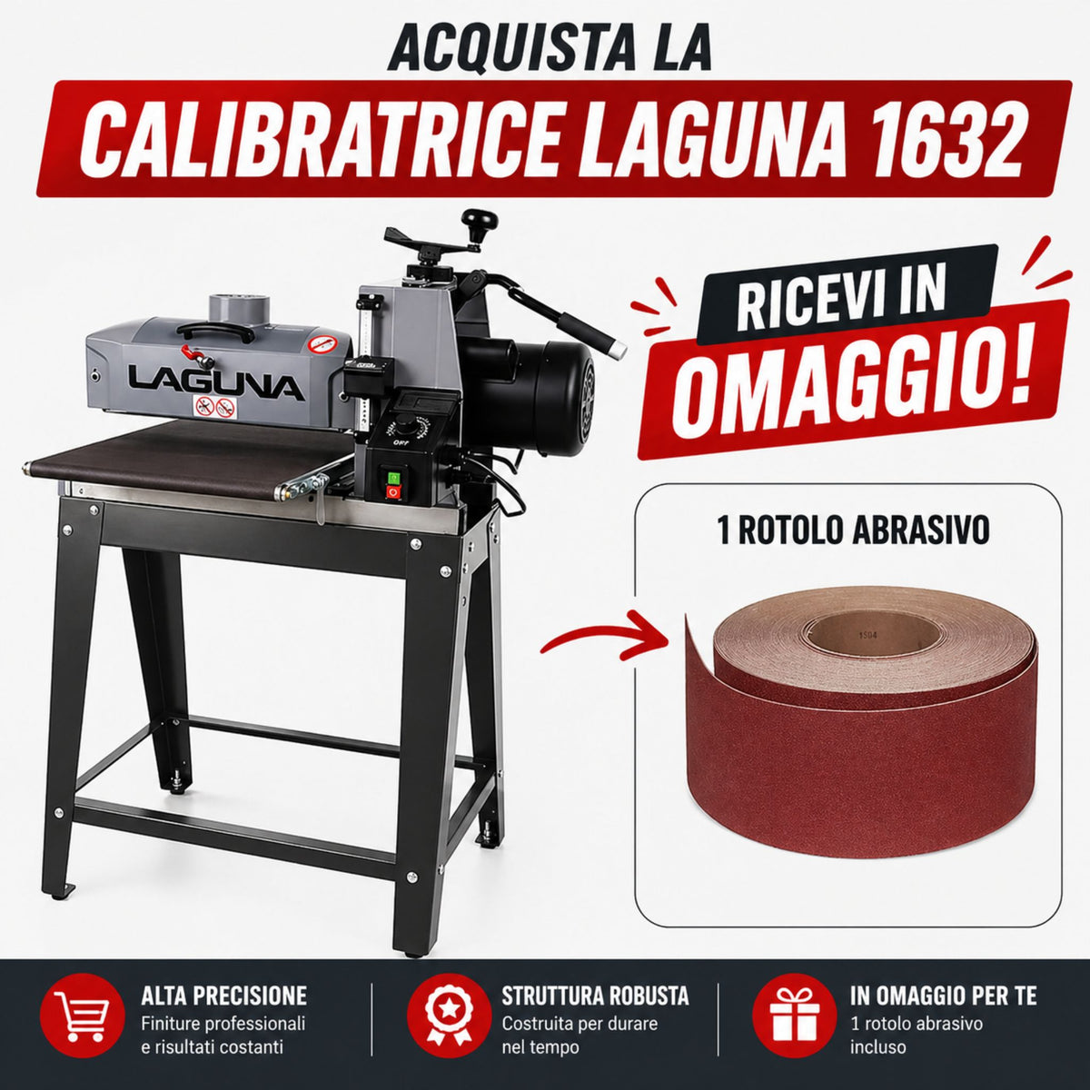 Macchina calibratrice Laguna Tools 1632 SuperMax in combo con rotolo abrasivo da 25 metri grana K80, ideale per levigatura e calibratura del legno.
