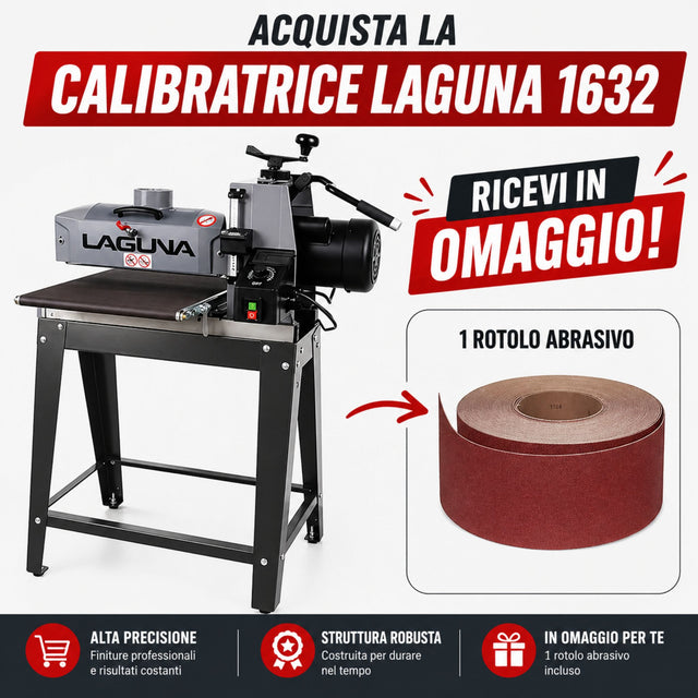 Macchina calibratrice Laguna Tools 1632 SuperMax in combo con rotolo abrasivo da 25 metri grana K80, ideale per levigatura e calibratura del legno.