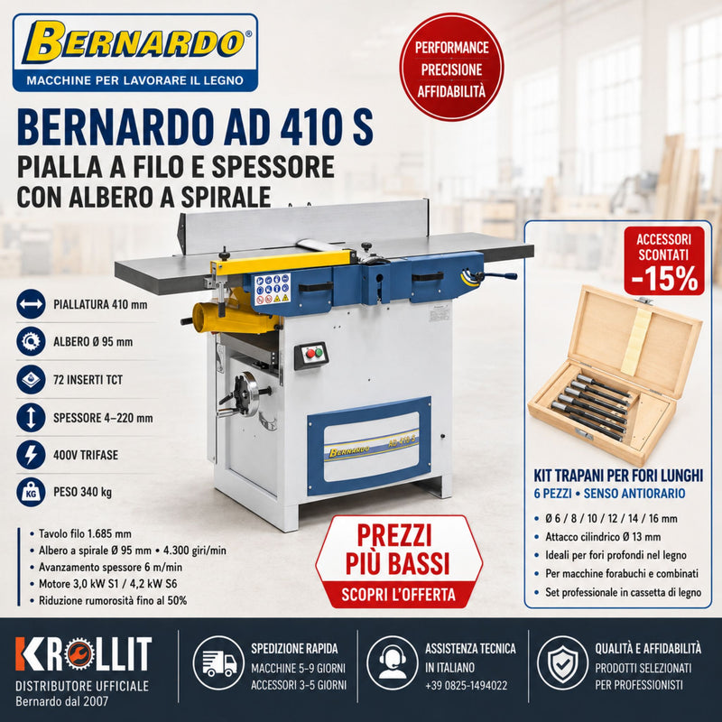 Combo dégauchisseuse-raboteuse Bernardo AD 410 S + Jeu de 6 forets pour trous longs