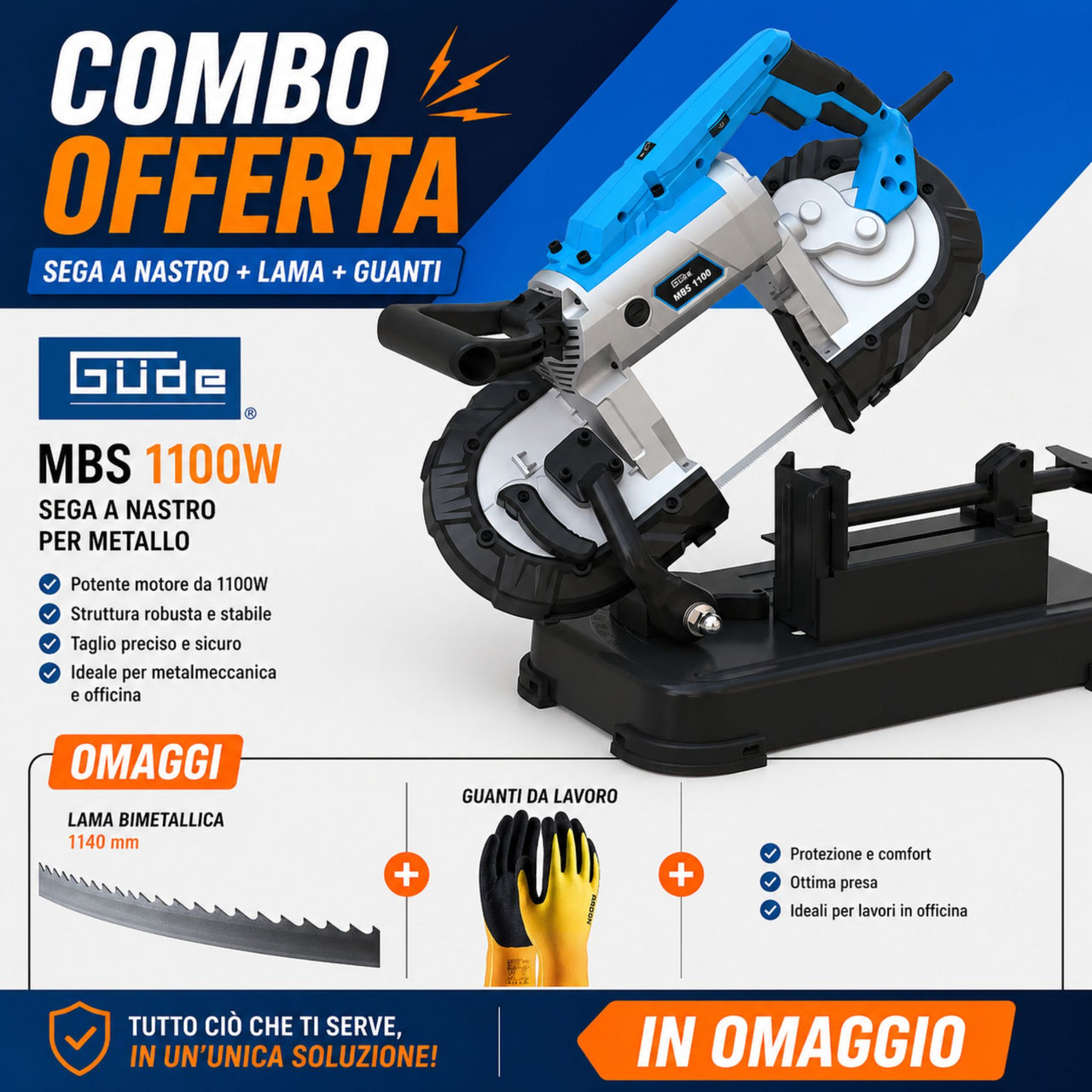 Sega a nastro Güde MBS 1100W in versione combo, ideale per tagli precisi e versatili su legno e materiali vari con elevata potenza.