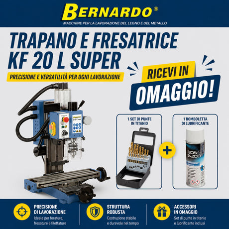 Trapano fresatrice Bernardo KF 20 L Super in versione combo, ideale per lavorazioni di foratura e fresatura su metallo con precisione e affidabilità.