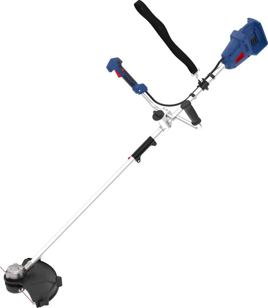 Decespugliatore cordless Guede FS 36-0 36V con motore brushless, doppia impugnatura ergonomica e testina a filo automatica, ideale per terreni irregolari.