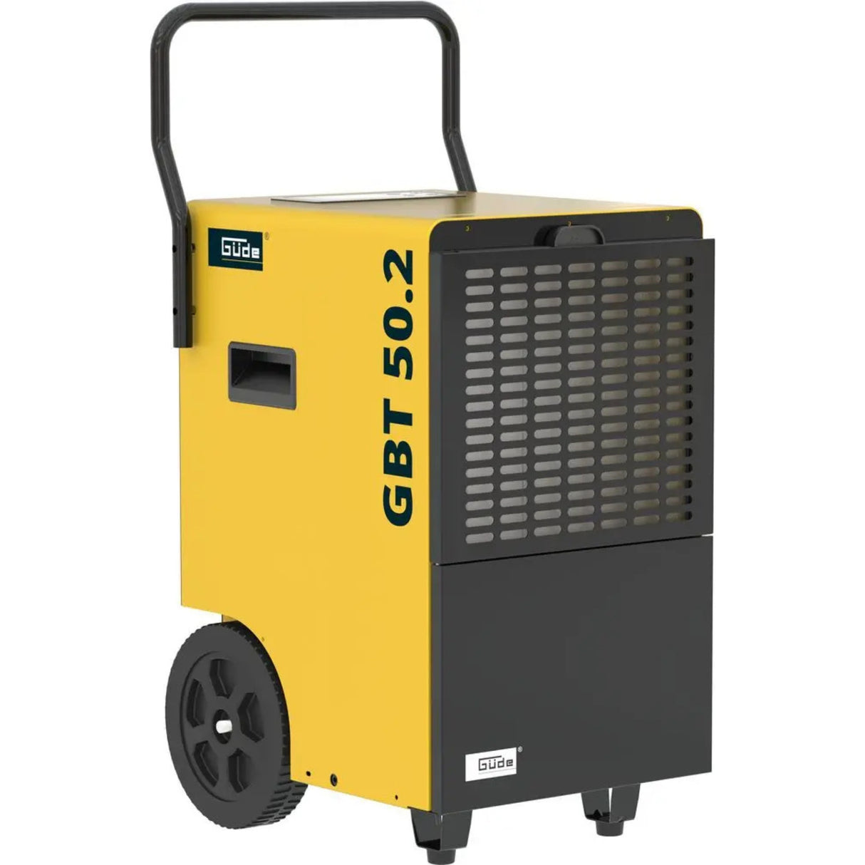 Deumidificatore Güde GBT 50.2 compatto per disumidificazione ambienti 120-180 m². Motore 900W 230V, portata aria 300 m³/h, capacità 50 litri al giorno. Serbatoio 7L integrato, tubo scarico 1m, hygrostat regolabile, auto-stop, filtro lavabile. Leggero (26 kg), trasportabile singolo operatore. Cantiere, restauro, asciugamento.