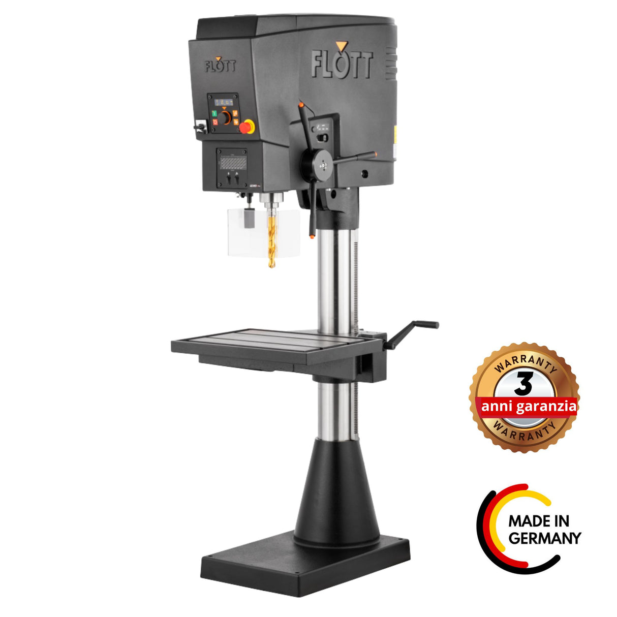 Trapano a colonna Flott SB 40 MV Plus R3 con attacco MK IV, avanzamento meccanico e display digitale, ideale per lavorazioni industriali.