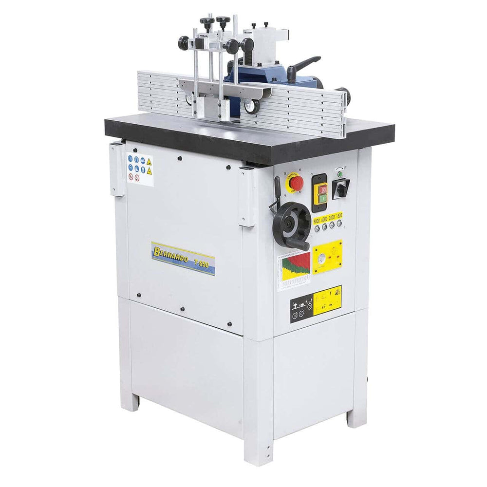 La fresatrice verticale T 650 vista frontalmente con guida regolabile, manicotto abrasivo e struttura in acciaio verniciato.