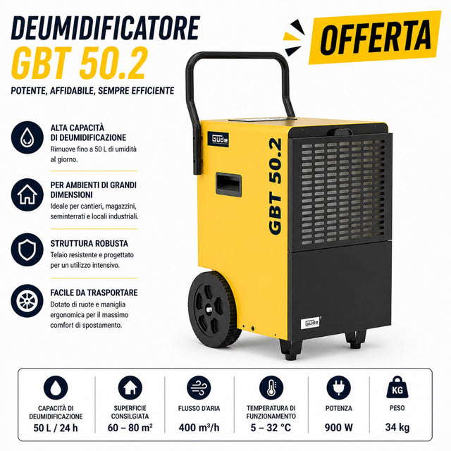Deumidificatore Güde GBT 50.2, ideale per ridurre l’umidità in ambienti domestici e professionali, migliorando la qualità dell’aria e prevenendo muffe e condensa.