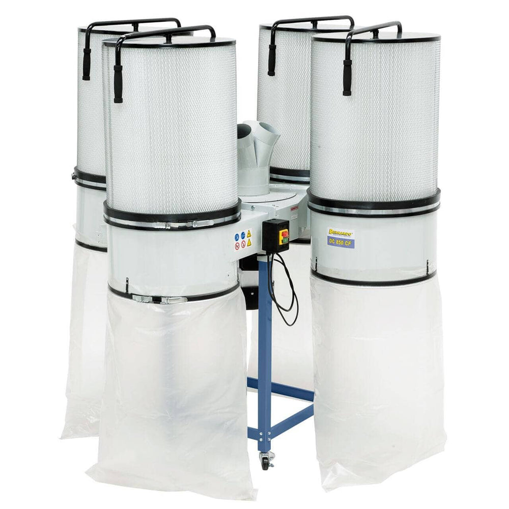 Impianto di aspirazione professionale Bernardo DC 850 CF 400 V, dotato di 4 filtri FP 2 e 4 sacchi da 190 litri, ideale per aspirare trucioli e polveri sottili in grandi officine e reparti di falegnameria.