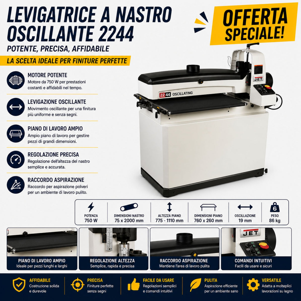 Calibratrice a cilindro oscillante JET JWDS-2244OSC con larghezza di lavoro fino a 1120 mm, ideale per levigatura uniforme e finiture professionali su superfici di grandi dimensioni.