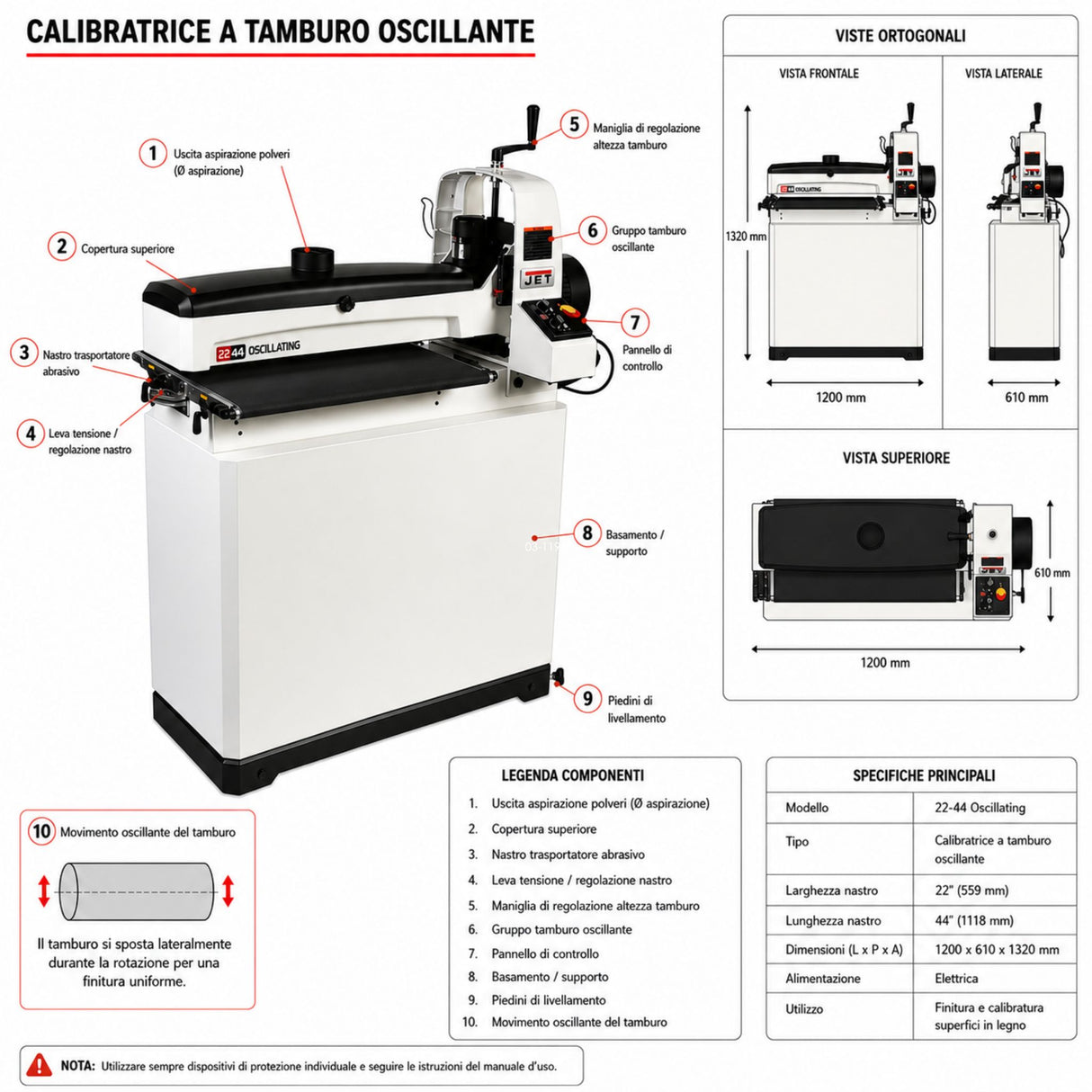 JET JWDS-2244OSC Ponceuse à cylindre oscillant 1120 mm
