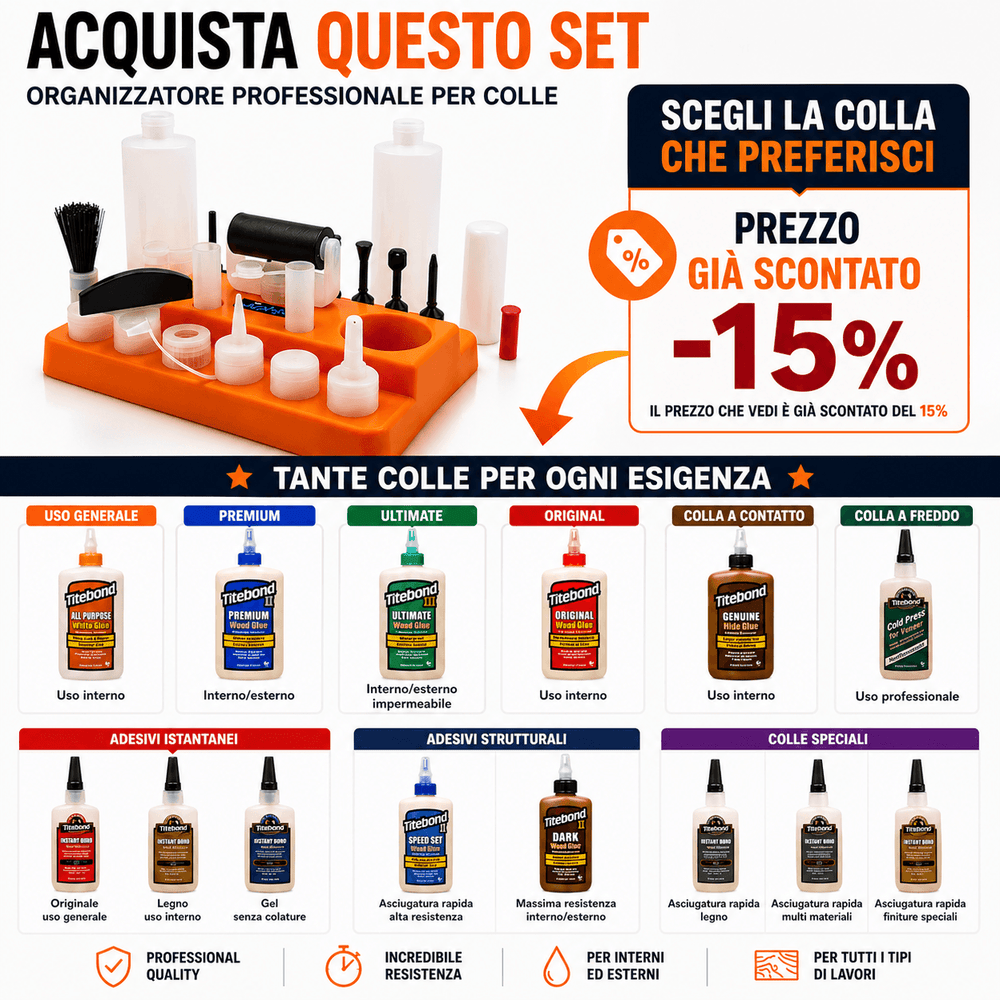 Kit con 13 punte in plastica per tasselli 4–12 mm, DOMINO, biscuit, coda di rondine, scanalatura, pennello nylon e rullo 60 mm, 2 flaconi da 250 ml, tappi e supporto, in combo con colla Titebond a scelta.