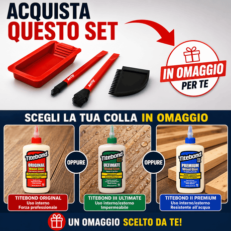 Kit IGM con due pennelli in silicone da 13 e 24 mm, spatola dentata per superfici piane e tenoni, vaschetta in silicone per recupero colla, in combo con Titebond a scelta.