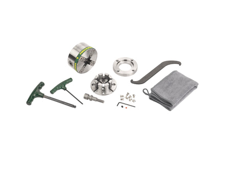 Mandrino professionale Record Power Victory con attacco 1”1/4 x 8 TPI DT, completo di ganasce modulari VersaLock da 50 mm, anello flangia e accessori.