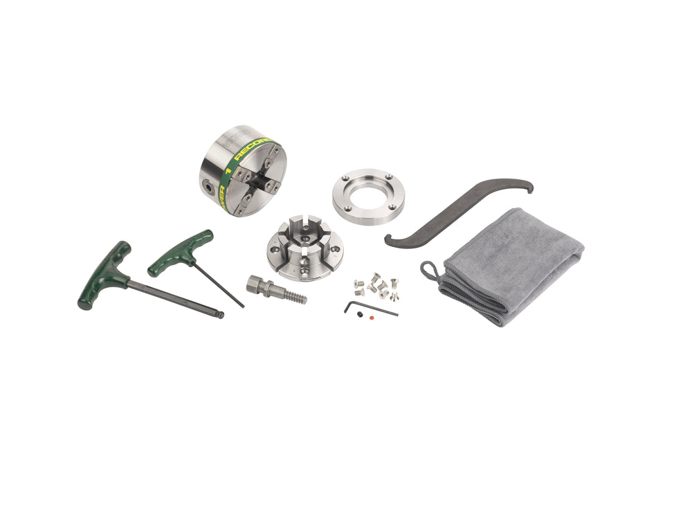 Mandrino professionale Record Power Victory ASR M33 DT con ganasce modulari VersaLock da 50 mm, anello flangia e accessori per tornitura sicura e precisa.