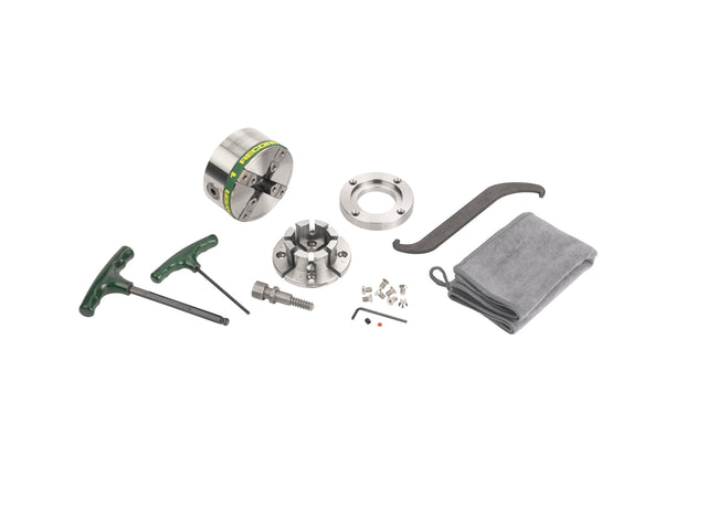 Mandrino professionale Record Power Victory ASR M33 DT con ganasce modulari VersaLock da 50 mm, anello flangia e accessori per tornitura sicura e precisa.