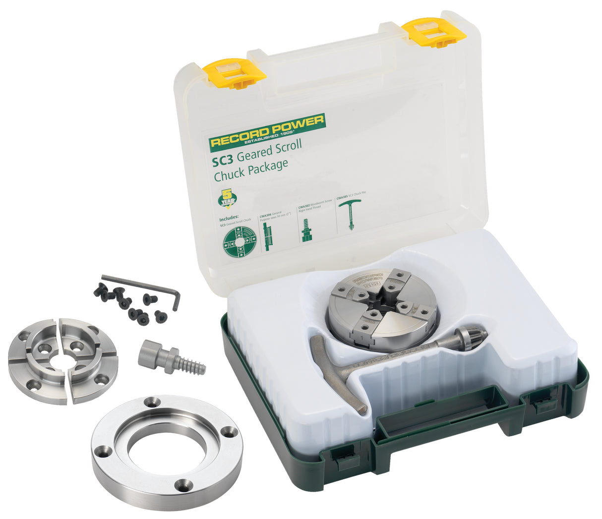 Mandrino Record Power SC3 con attacco 3/4” x 16 TPI, completo di ganasce standard da 50 mm, flangia da 3,5” e vite per legno per tornitura precisa e sicura.